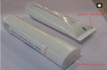 welding samples from ultrasonic tubes sealer svetsning med samples.jpg
